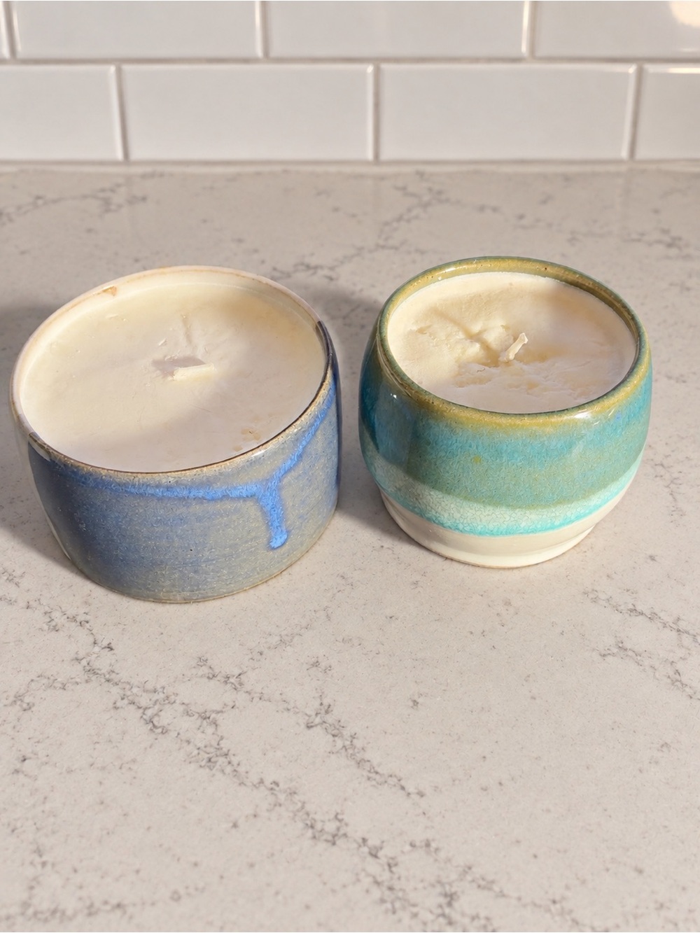 Set of 2 Handmade Pottery Ceramic Candles Blue Teal Artisan Glaze